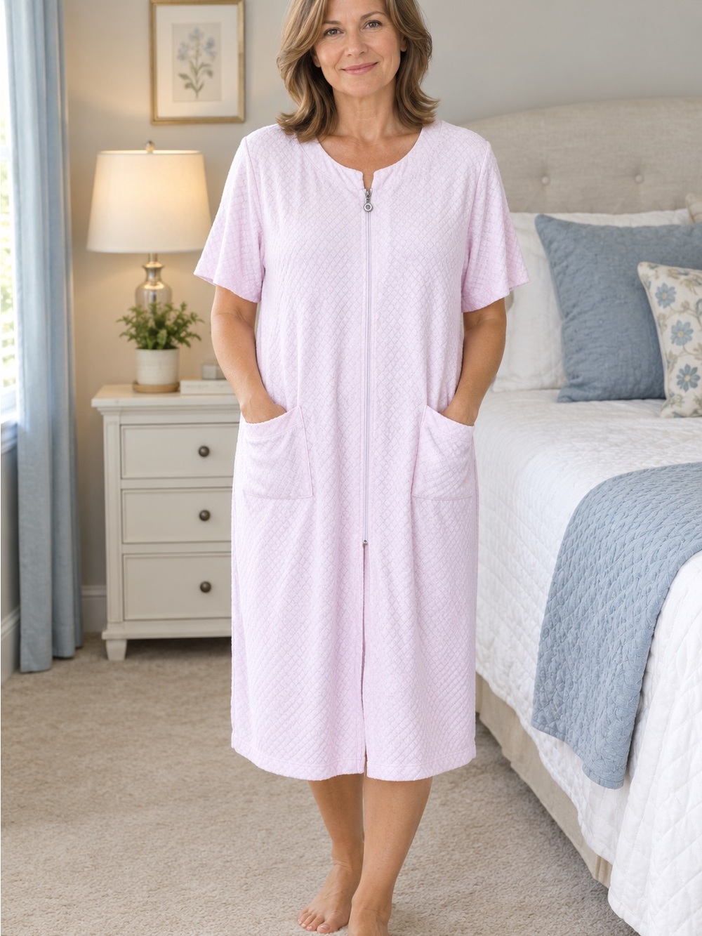 Vanity Fair Bath ROBE Pink quilted 2X short sleeve pockets full zipper front